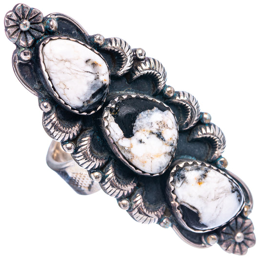 Sterling silver Native-style ring, dark engraved setting with three oval white buffalo stones