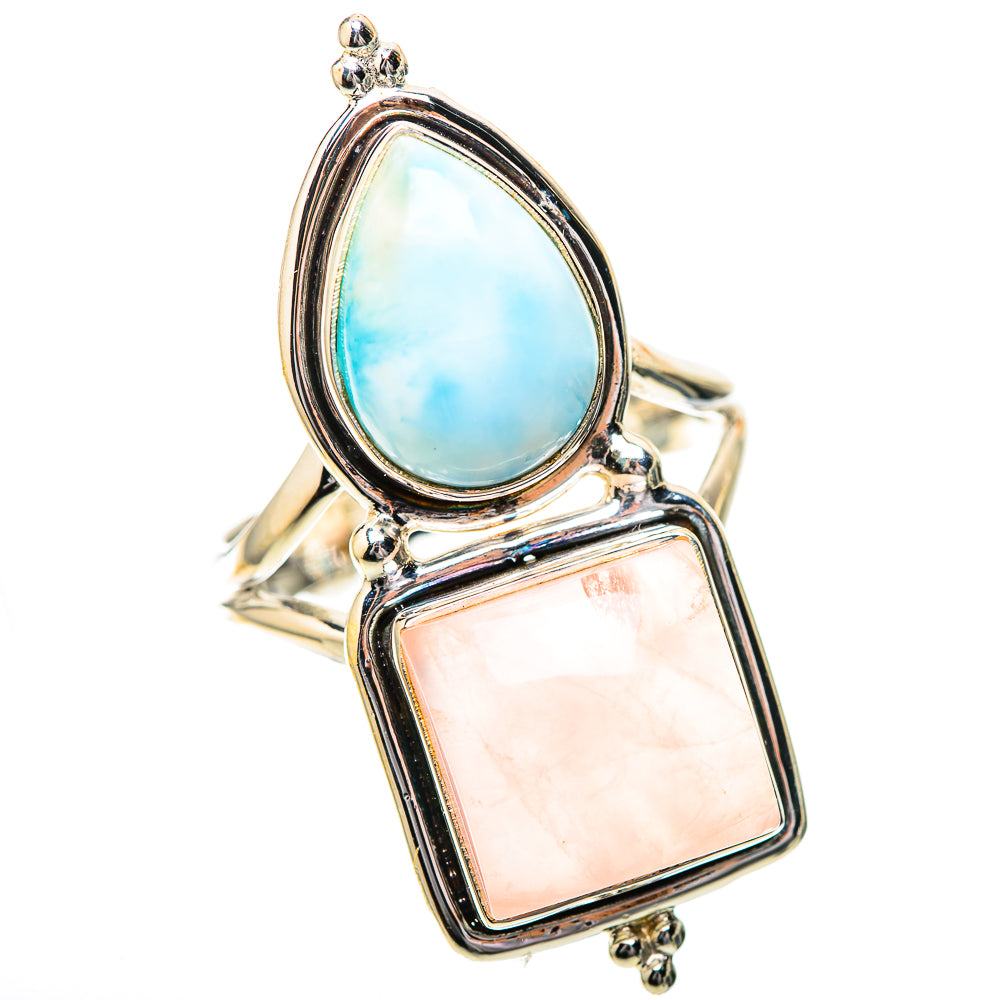 Sterling silver ring featuring oval larimar top and rose quartz square below, prong set