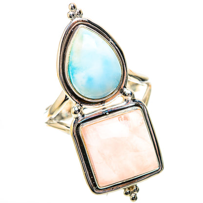 Sterling silver ring featuring oval larimar top and rose quartz square below, prong set