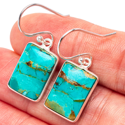 Turquoise square drop earrings with .925 sterling silver fishhook, close-up stone texture