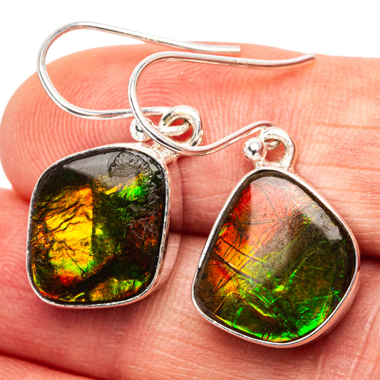 Sterling silver ammolite drop earrings with iridescent green, red, and gold panels