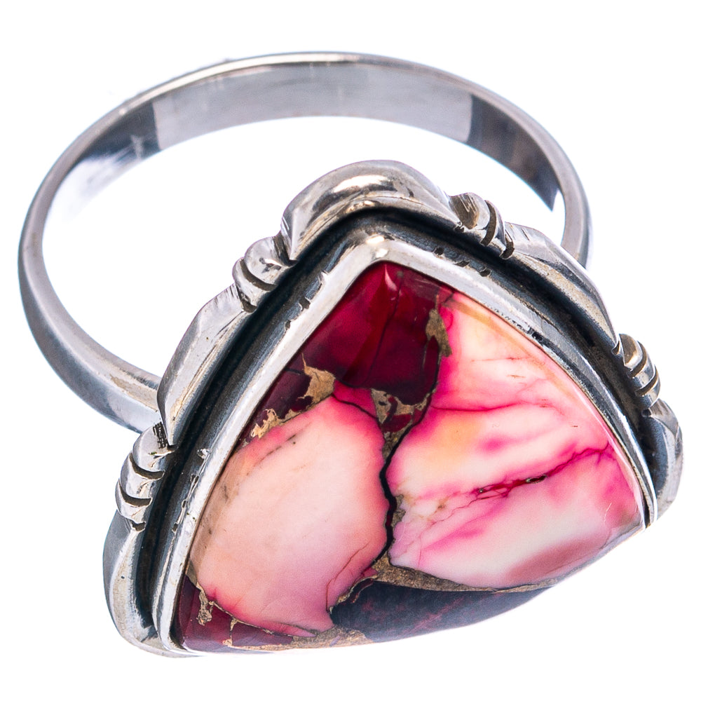 Triangular pink marbled gemstone ring, silver prong setting with raised frame detail