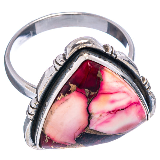 Triangular pink marbled gemstone ring, silver prong setting with raised frame detail
