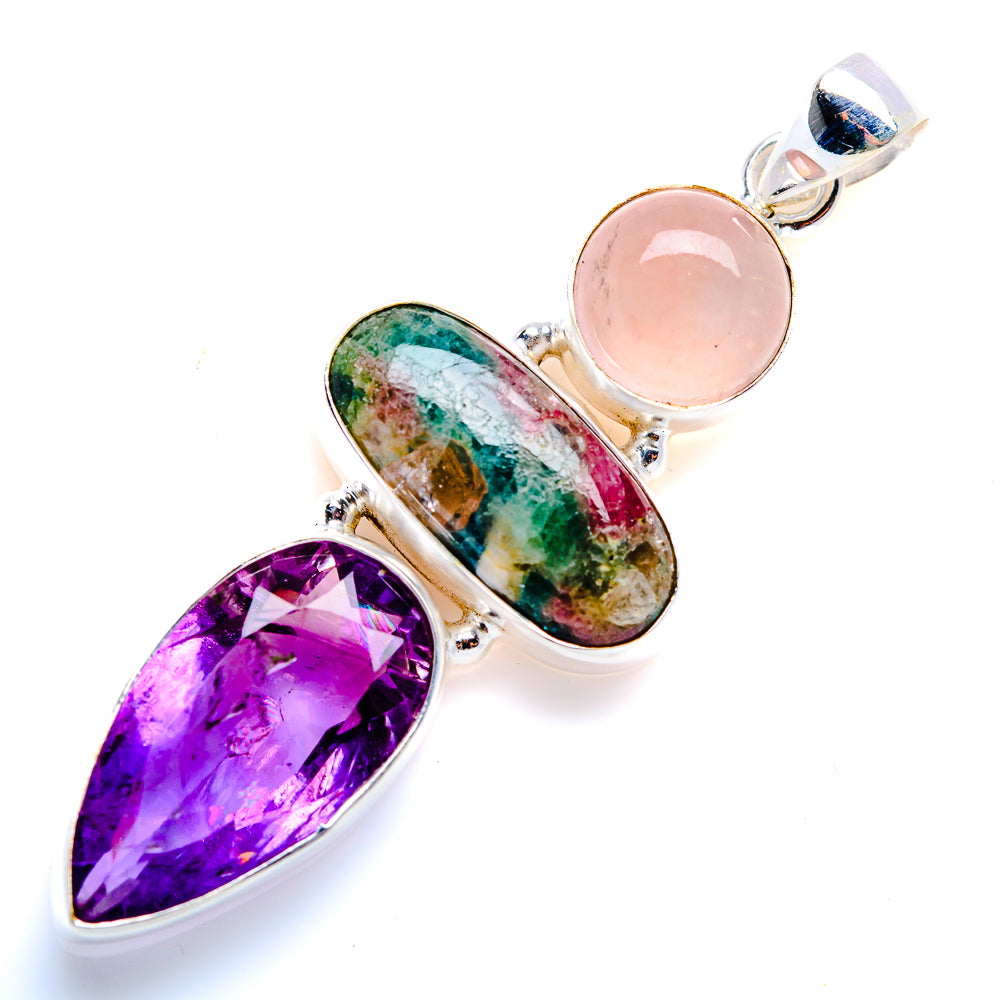 Amethyst, tourmaline, and rose quartz pendant with silver bezel settings