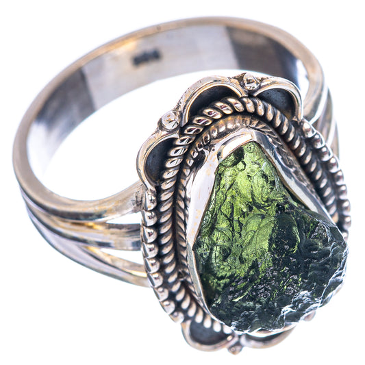 Sterling silver moldavite ring with green teardrop stone and braided rope metal setting