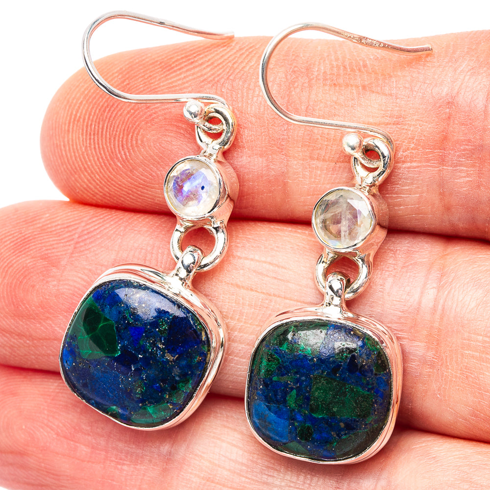 Premium Azurite In Malachite, Rainbow Moonstone Earrings 1 5/8" (.925 Sterling Silver)