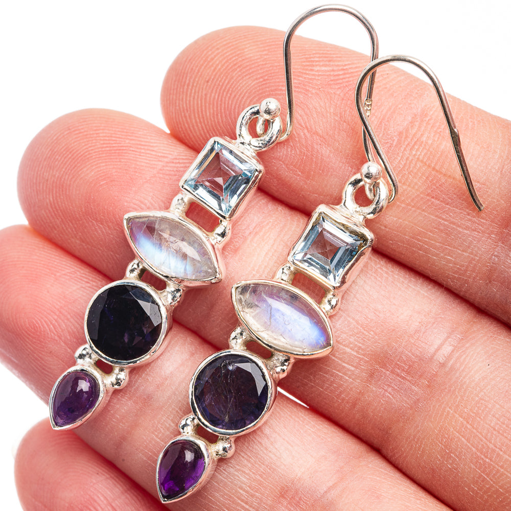 Rainbow Moonstone, Blue Topaz, Tanzanite, Amethyst Earrings 1 7/8" (925 Sterling Silver) E432456