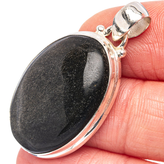 Oval obsidian pendant in .925 sterling silver with dark gold sheen and polished frame
