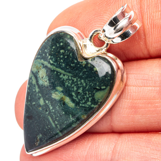 Heart pendant in .925 sterling silver with blue-green kambaba jasper, side view