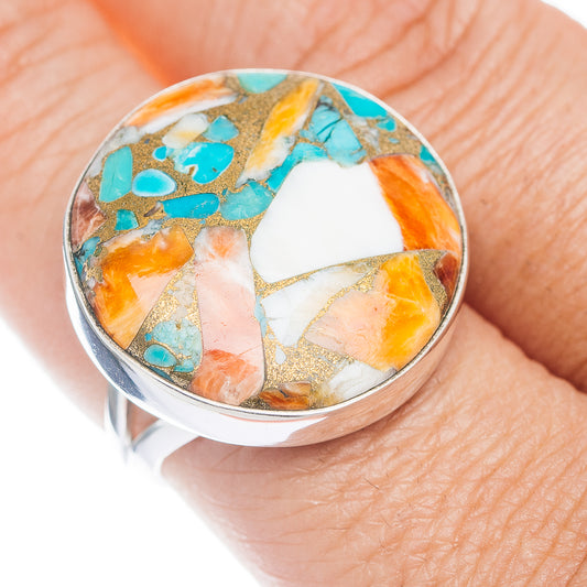 Spiny oyster turquoise ring, oval cabochon-style inlay with turquoise, orange and white stones
