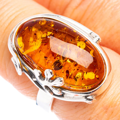 Baltic Amber Leaf Ring Size 6 Adjustable (.925 Sterling Silver)