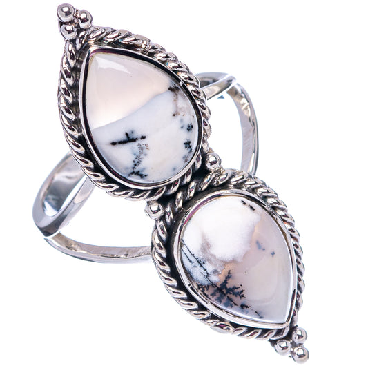Sterling silver dendritic opal ring with teardrop cabochons and braided bezel, size 8.75