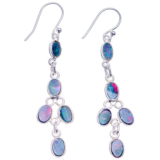 Sterling silver opal drop earrings with five oval doublets in blue-green-red