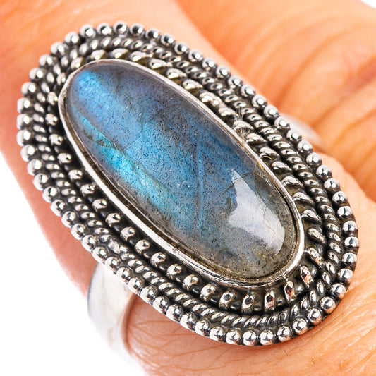 Oval labradorite cabochon ring, .925 sterling silver beaded halo