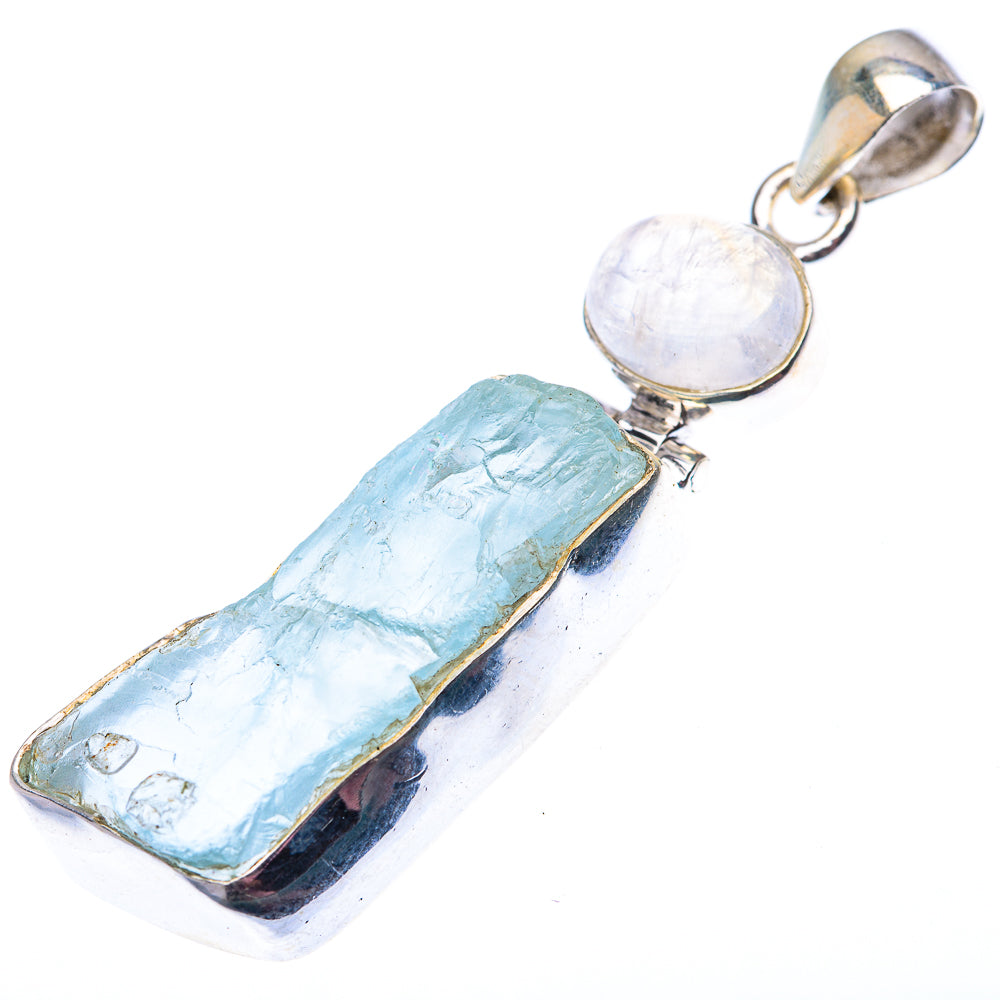 Raw Aquamarine, Rainbow Moonstone Pendant 2 1/8" (925 Sterling Silver