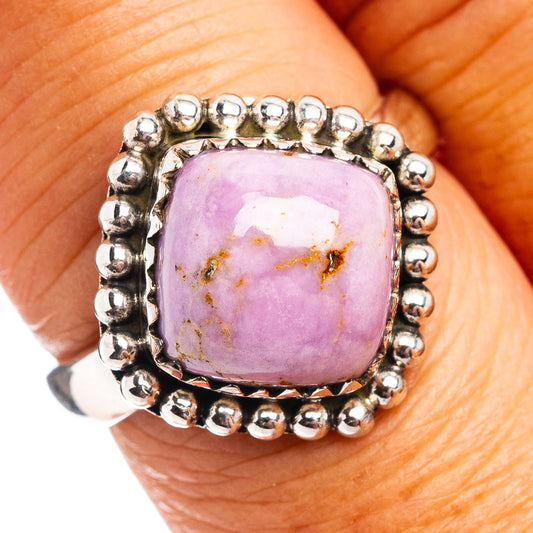 Sterling silver adjustable ring with oval purple phosphosiderite cabochon and bead border