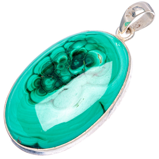 Oval malachite pendant with .925 sterling silver frame, green stone with light diagonal band