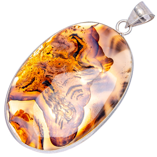 Silver-plated agate pendant, teardrop cabochon with fiery orange swirls and dark specks