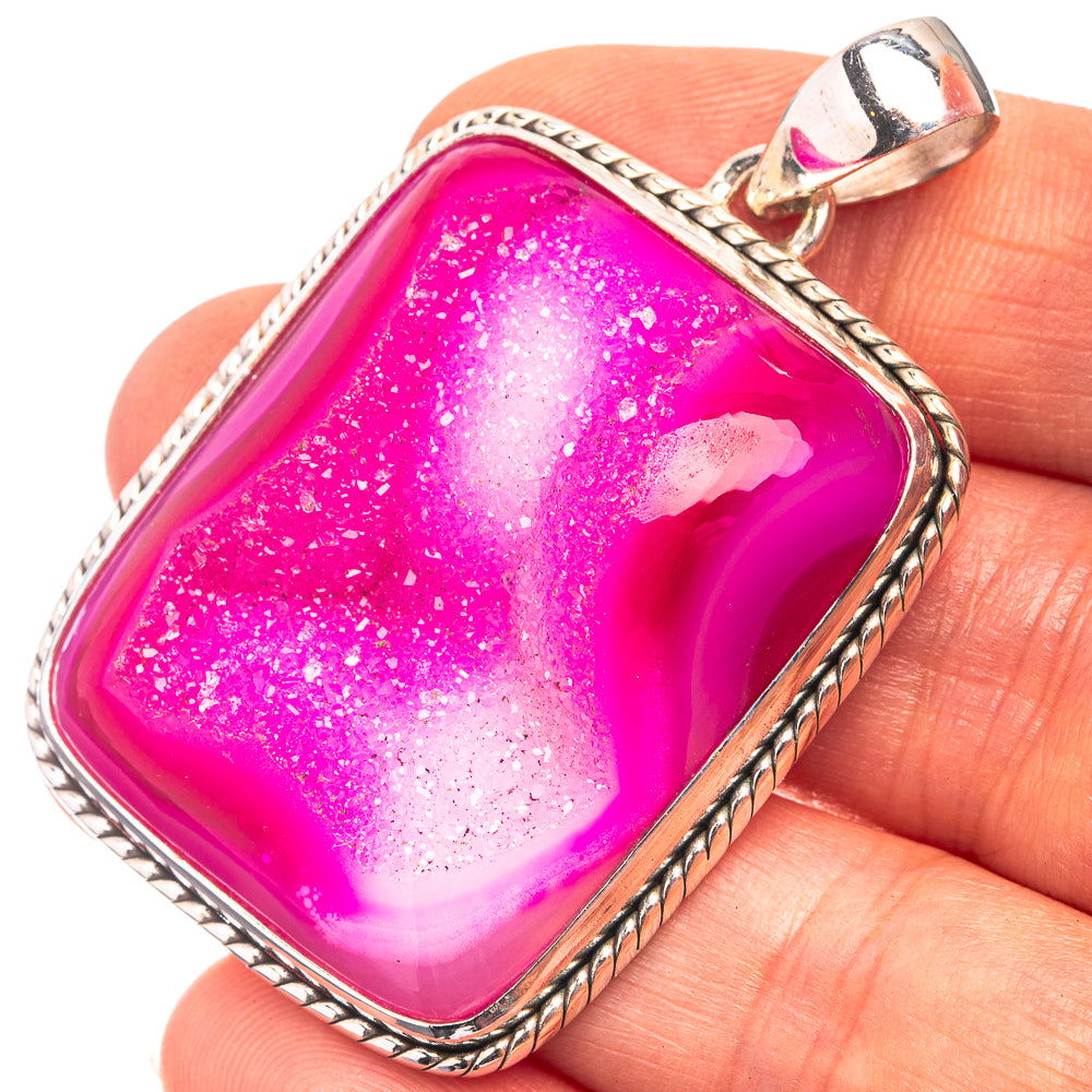 Druzy pink agate pendant in 925 sterling silver bezel, with round bail