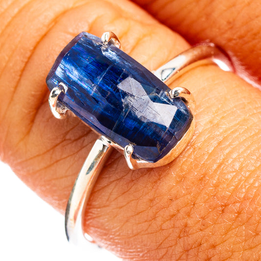 Sterling silver ring with faceted blue kyanite center stone, prong-set bezel