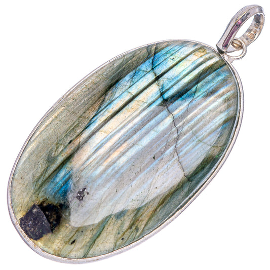 Silver-plated oval labradorite pendant with blue iridescent stripes and side bail