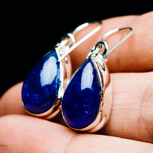 Blue teardrop gemstone earrings with .925 sterling silver bezel and fishhook backs