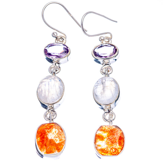 925 sterling silver drop earrings with purple amethyst, rainbow moonstone, orange sunstone ovals