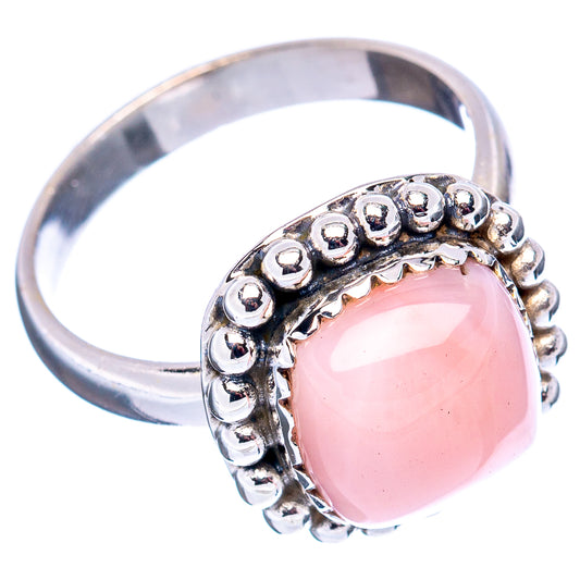 Pink opal sterling silver ring with beaded halo setting, size 7.5