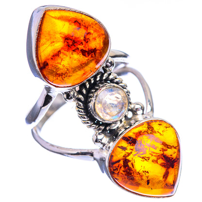 Large Baltic Amber, Rainbow Moonstone Ring Size 7 (925 Sterling Silver) R143214