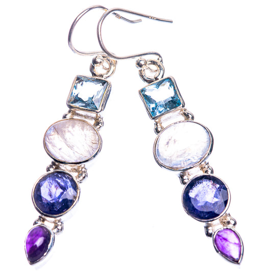 Rainbow Moonstone, Blue Topaz, Tanzanite, Amethyst 925 Sterling Silver Earrings 1 7/8"