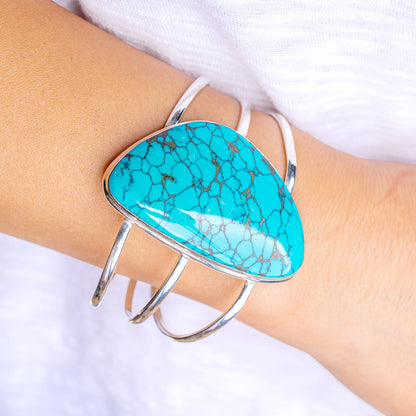 Tibetan Turquoise Cuff Bracelet Adjustable (.925 Sterling Silver)
