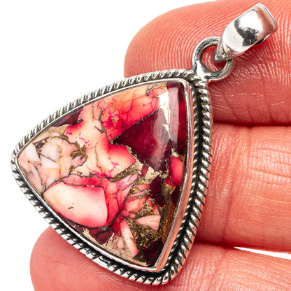 Triangular sterling silver pendant with red-and-pink mosaic stone and bail loop
