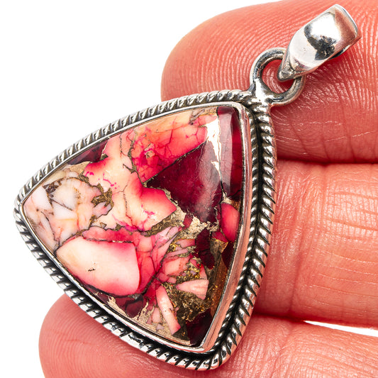 Triangular sterling silver pendant with red-and-pink mosaic stone and bail loop