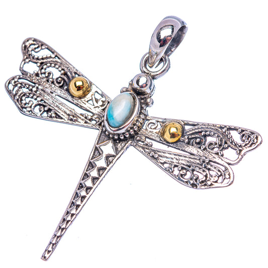 Dragonfly pendant in .925 sterling silver with oval light-blue gemstone and engraved filigree