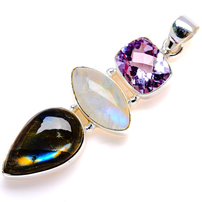 Sterling silver three-stone heart pendant with bail and labradorite, moonstone, amethyst