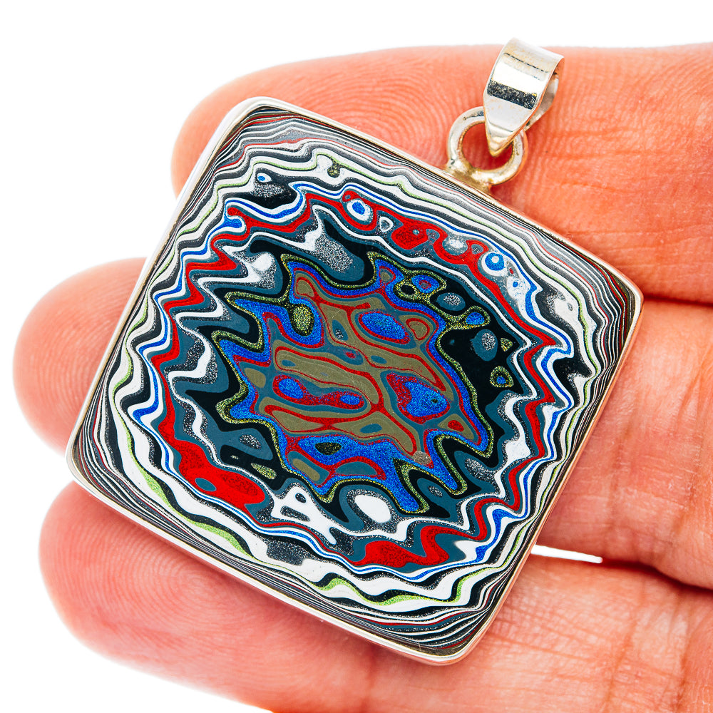 925 sterling silver square fordite pendant with multicolor layered stone pattern