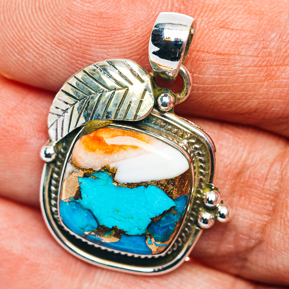 Southwestern Style Spiny Oyster Turquoise Pendant 1 1/4" (.925 Sterling Silver)