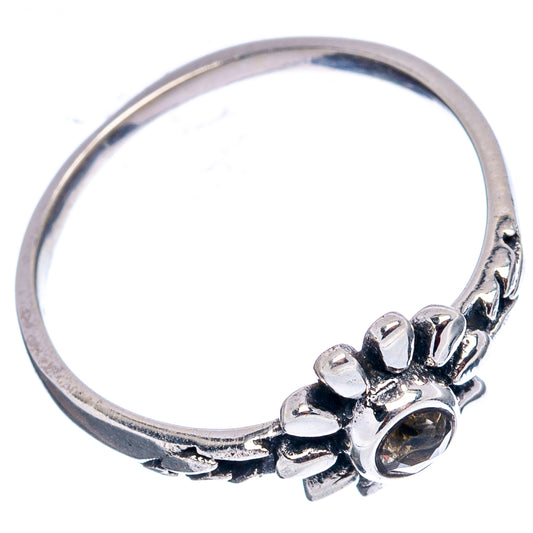 Sterling silver flower ring with round citrine-colored stone and petal band, size 6.75