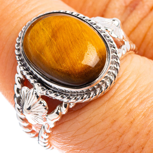 Oval tiger's eye sterling silver ring, engraved band, size 7.75