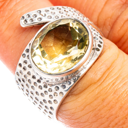 Lemon quartz oval ring in .925 sterling silver with textured dot band