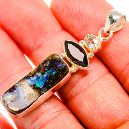 Boulder Opal, Garnet, White Quartz Pendant 2" (925 Sterling Silver) PD38249