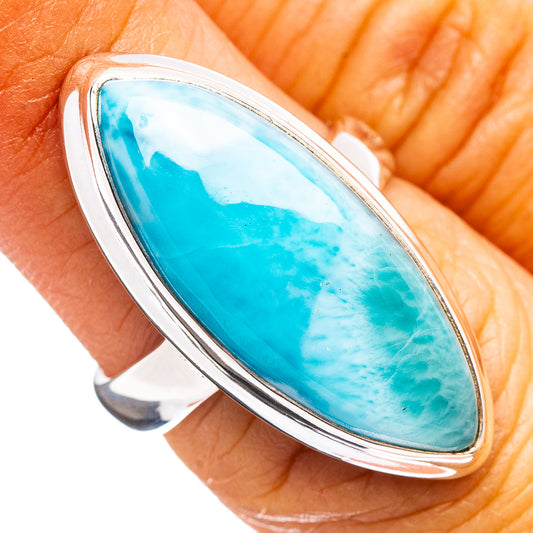 Oval blue larimar gemstone ring in .925 sterling silver bezel