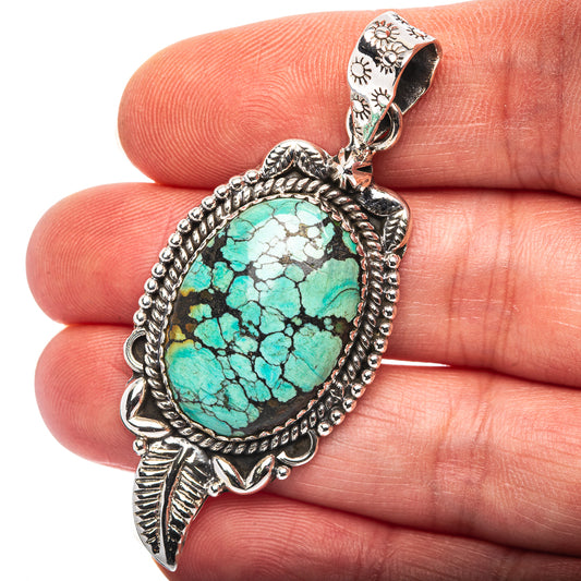 Exclusive Southwestern Style Hubei Turquoise Pendant 2 1/4" (.925 Sterling Silver)
