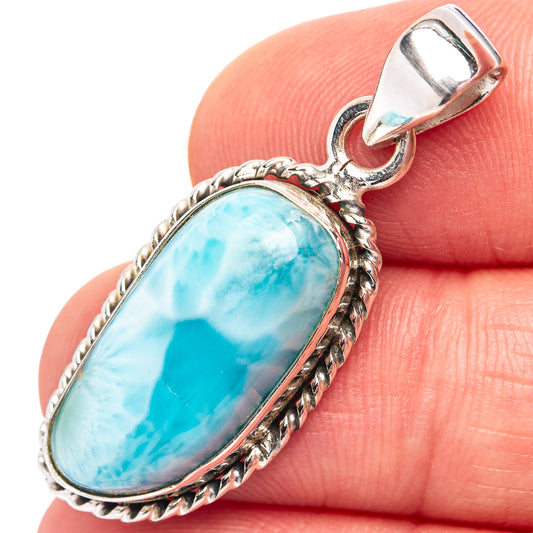 Bezel-set oval Larimar pendant bail and rope edge in .925 sterling silver close-up