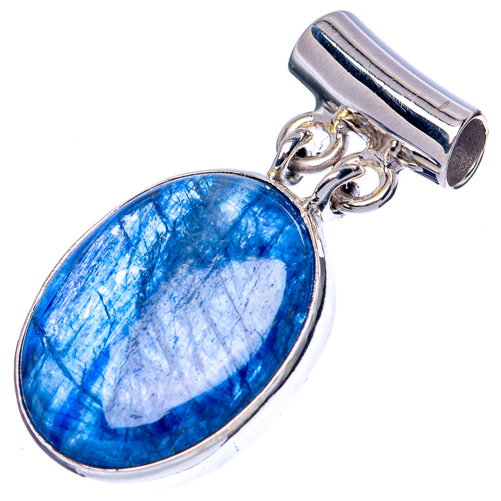 Oval kyanite pendant with 925 sterling silver frame, blue textured stone and bail