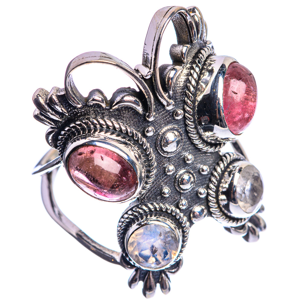 Large Pink Tourmaline, Rainbow Moonstone 925 Sterling Silver Ring Size 9