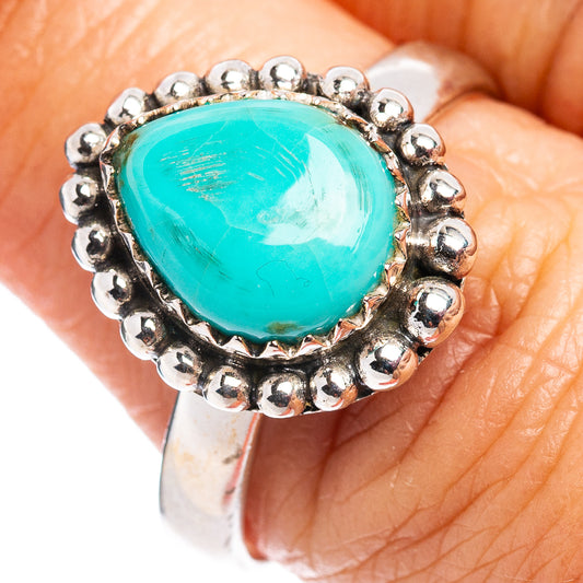 Turquoise cabochon sterling silver ring with round bead bezel setting, size 8.5