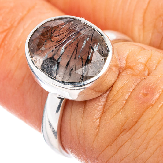 Tourmalinated quartz silver ring with oval dark stone bezel, size 6