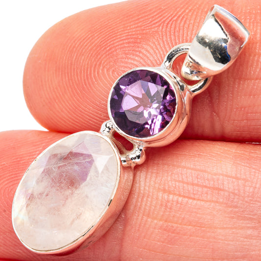 Sterling silver pendant with faceted amethyst and oval rainbow moonstone, drop bail