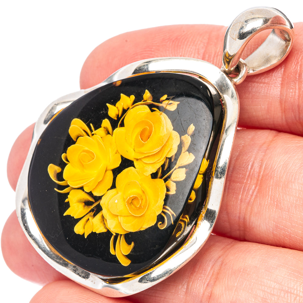 Amber Intaglio Rose Pendant 2 1/8" (925 Sterling Silver) P42584